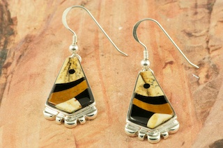 Genuine Picture Jasper and Black Jade inlaid in Sterling Silver. Stunning French Wire Earrings Designed by Navajo Artist Calvin Begay. Signed by the artist.